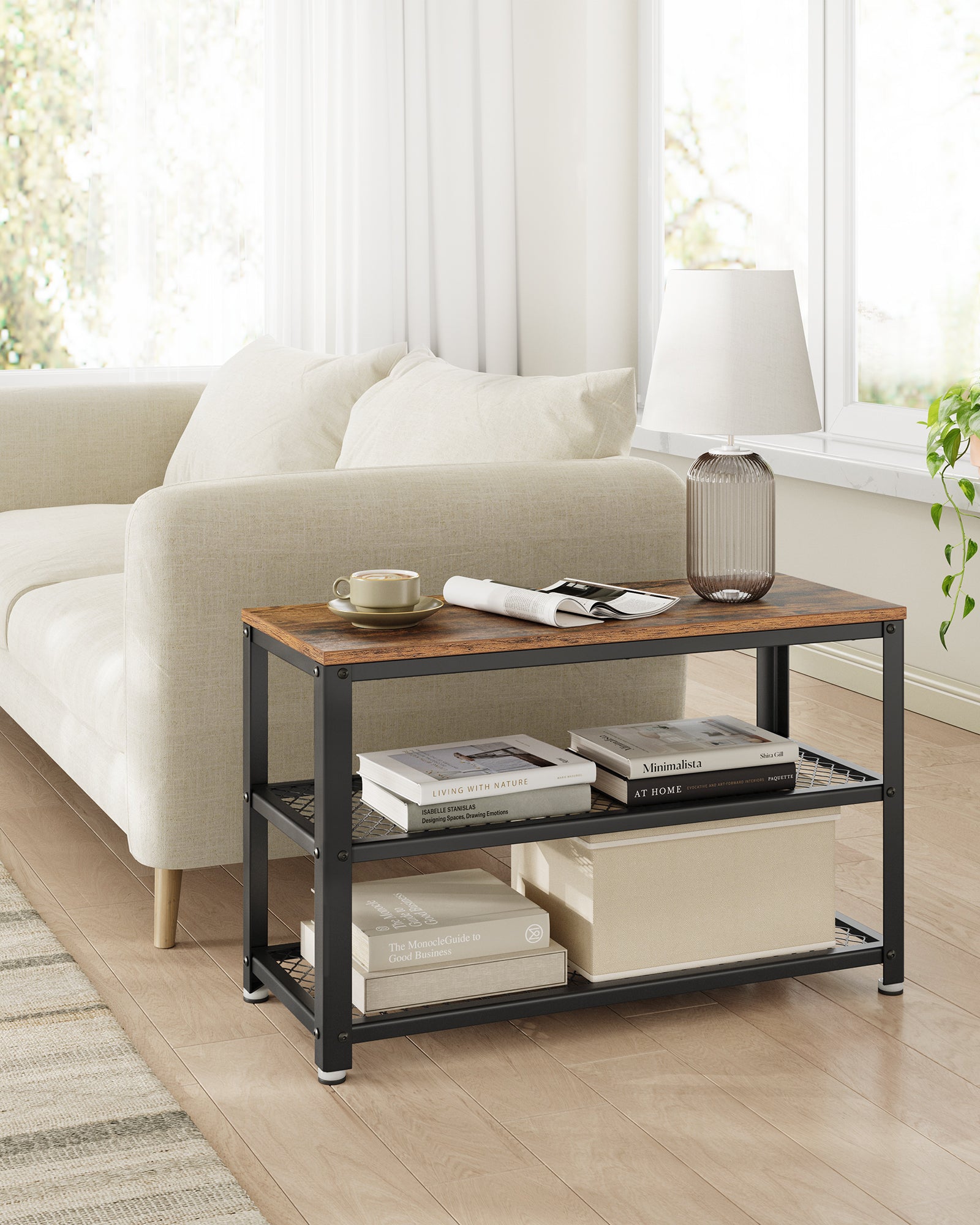 VASAGLE Shoe Storage Bench Rack with 2 Shelves - Rustic Brown