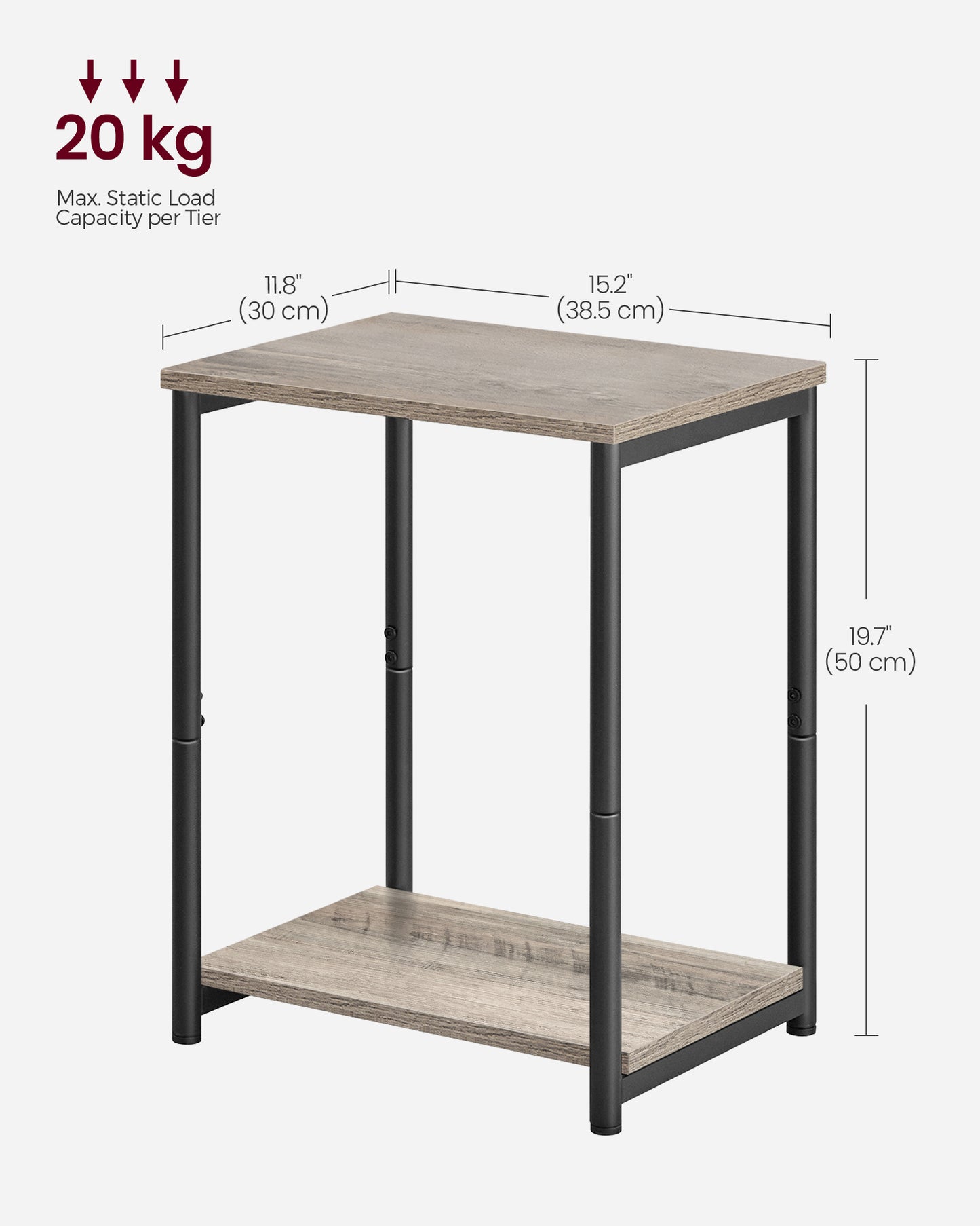 Small table with dimensions and weight capacity on a white background