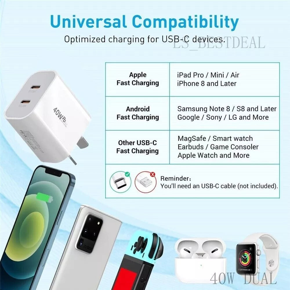 40W Universal Compatible Fast Wall Charger With Cable