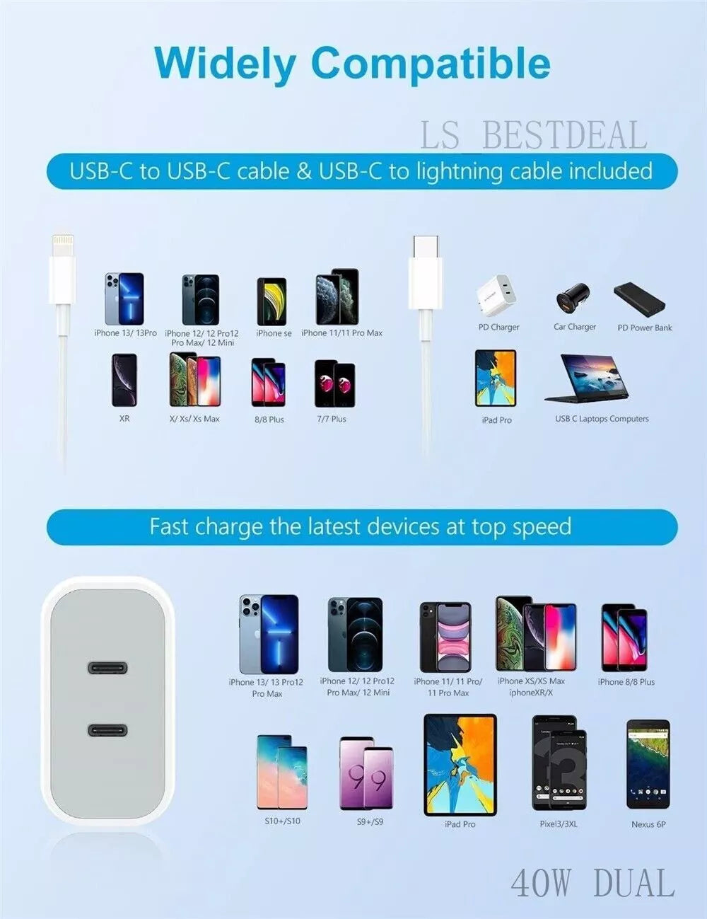 40W Universal Compatible Fast Wall Charger With Cable