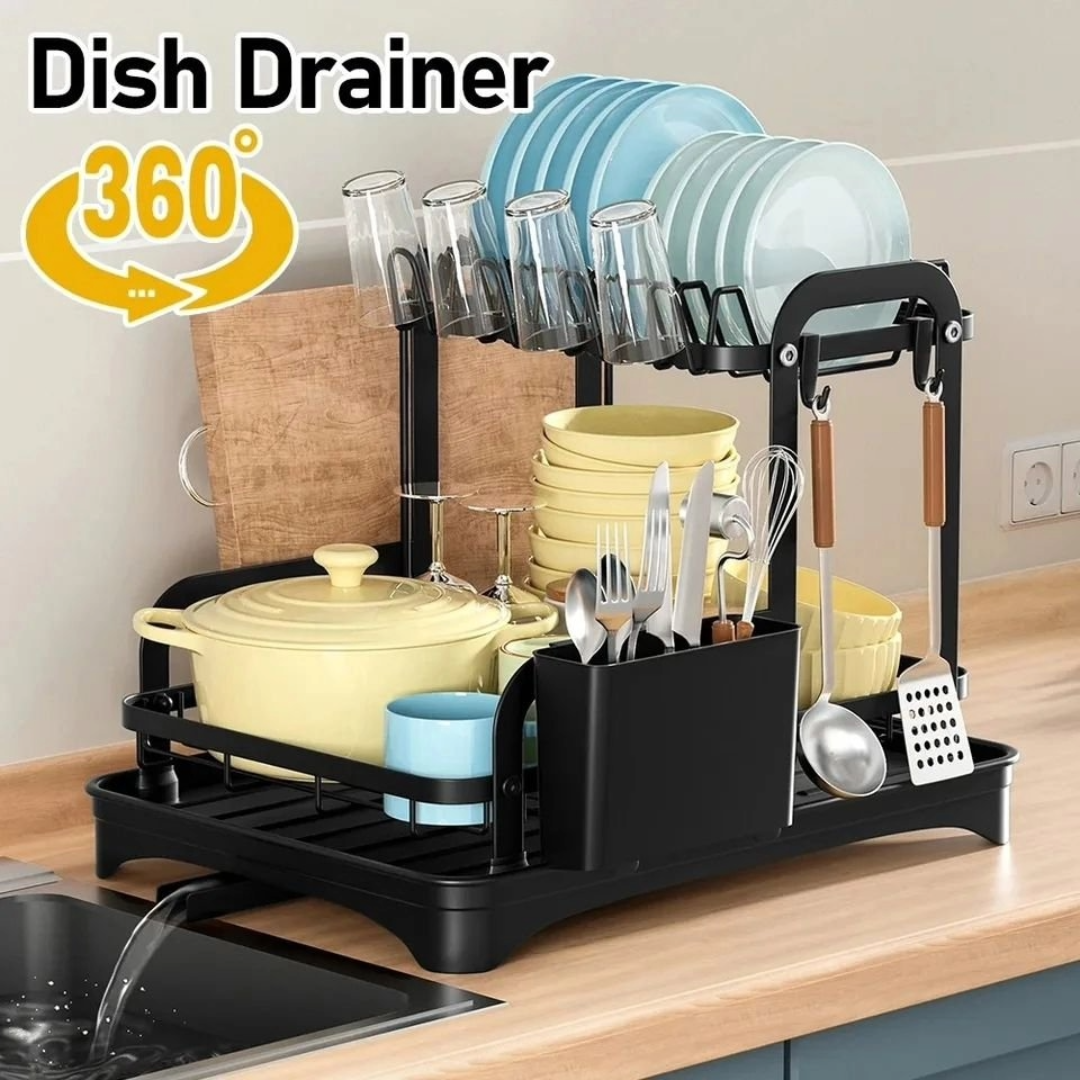 2-Tier Dish Drying Rack Dish Drainer Cutlery Holder Dish Drainer (Black)