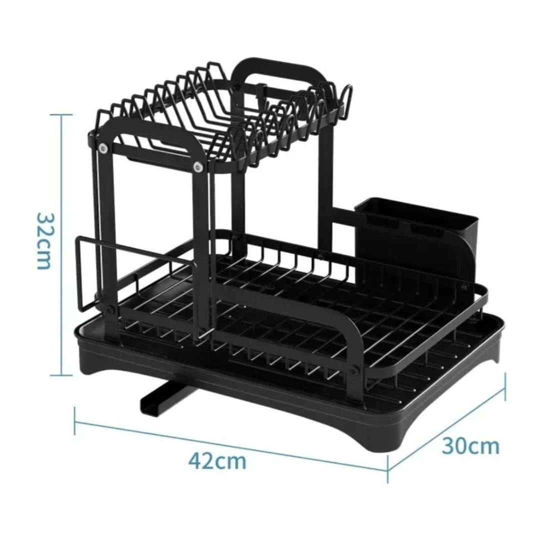 2-Tier Dish Drying Rack Dish Drainer Cutlery Holder Dish Drainer (Black)