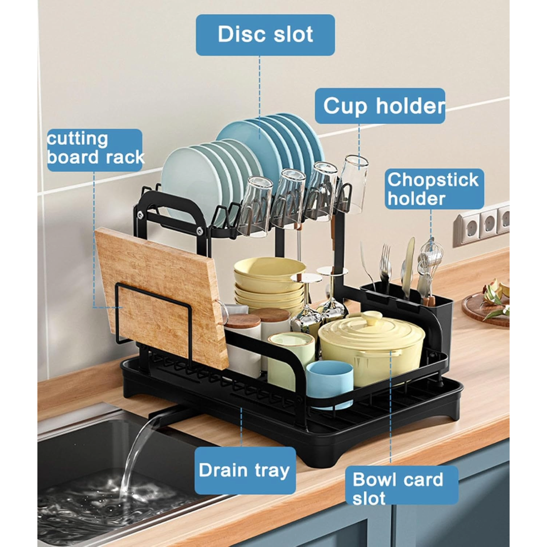 2-Tier Dish Drying Rack Dish Drainer Cutlery Holder Dish Drainer (Black)