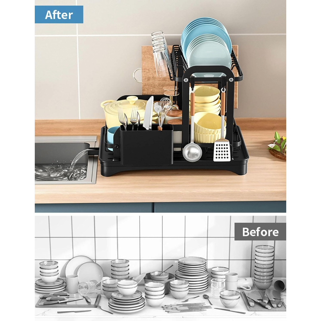 2-Tier Dish Drying Rack Dish Drainer Cutlery Holder Dish Drainer (Black)