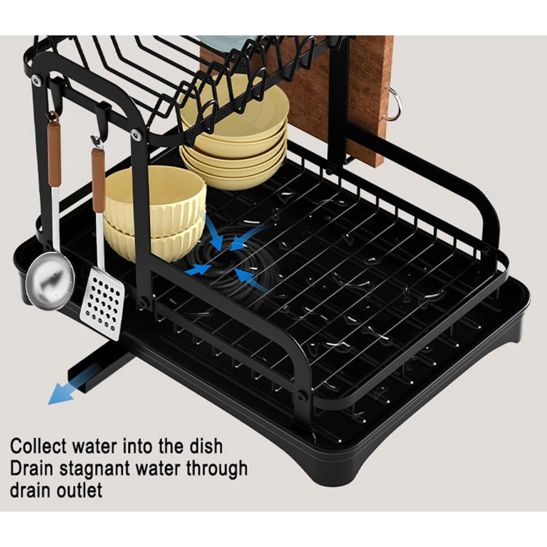2-Tier Dish Drying Rack Dish Drainer Cutlery Holder Dish Drainer (Black)
