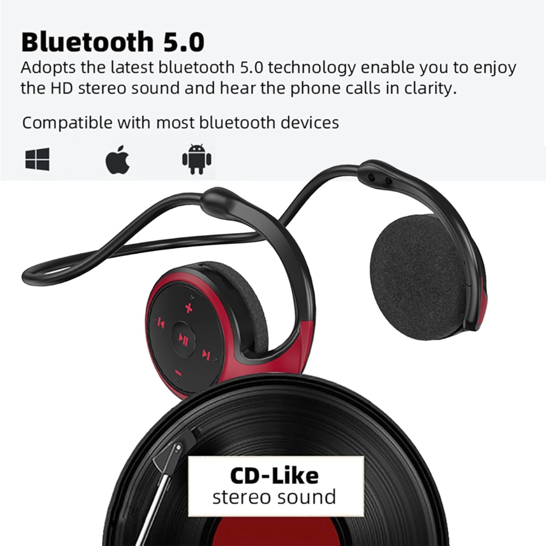 Wireless Sports Bluetooth Earphones, Foldable Lightweight Headphones (Red)