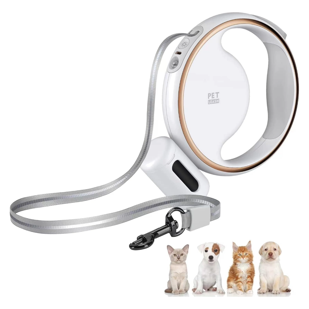 Retractable Dog Leash 3m Heavy Duty with LED Light & Waste Bag Holder USB-C Rechargeable White