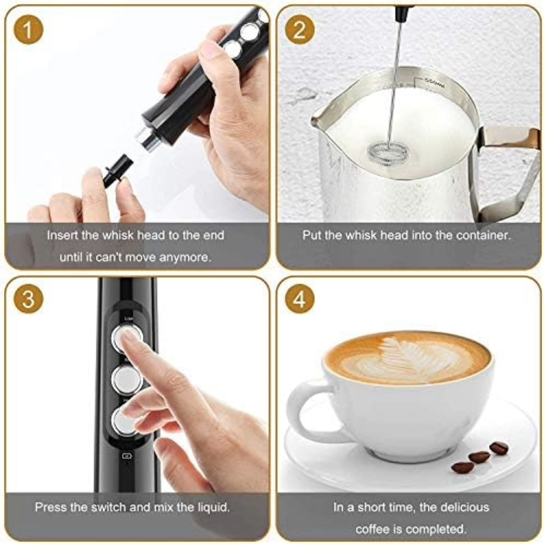 Electric Milk Frother Rechargeable Whisk Mixer Stirrer (Black)