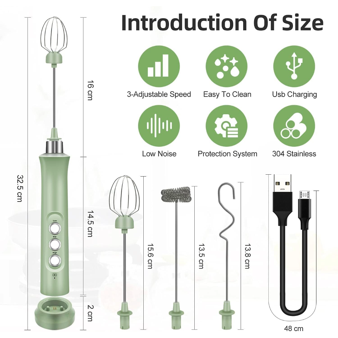 Electric Milk Frother Rechargeable Whisk Mixer Stirrer (Green)