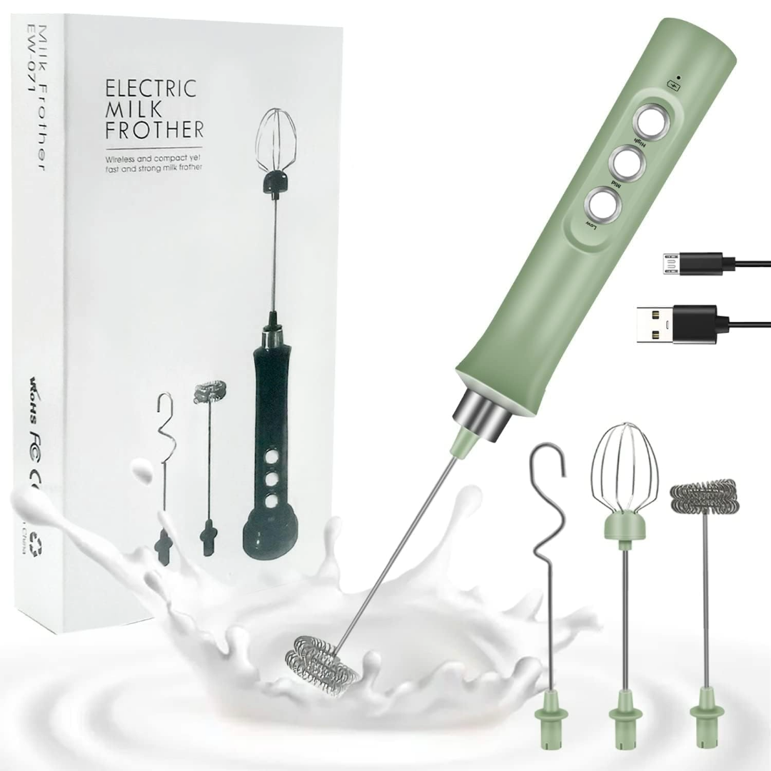 Electric Milk Frother Rechargeable Whisk Mixer Stirrer (Green)