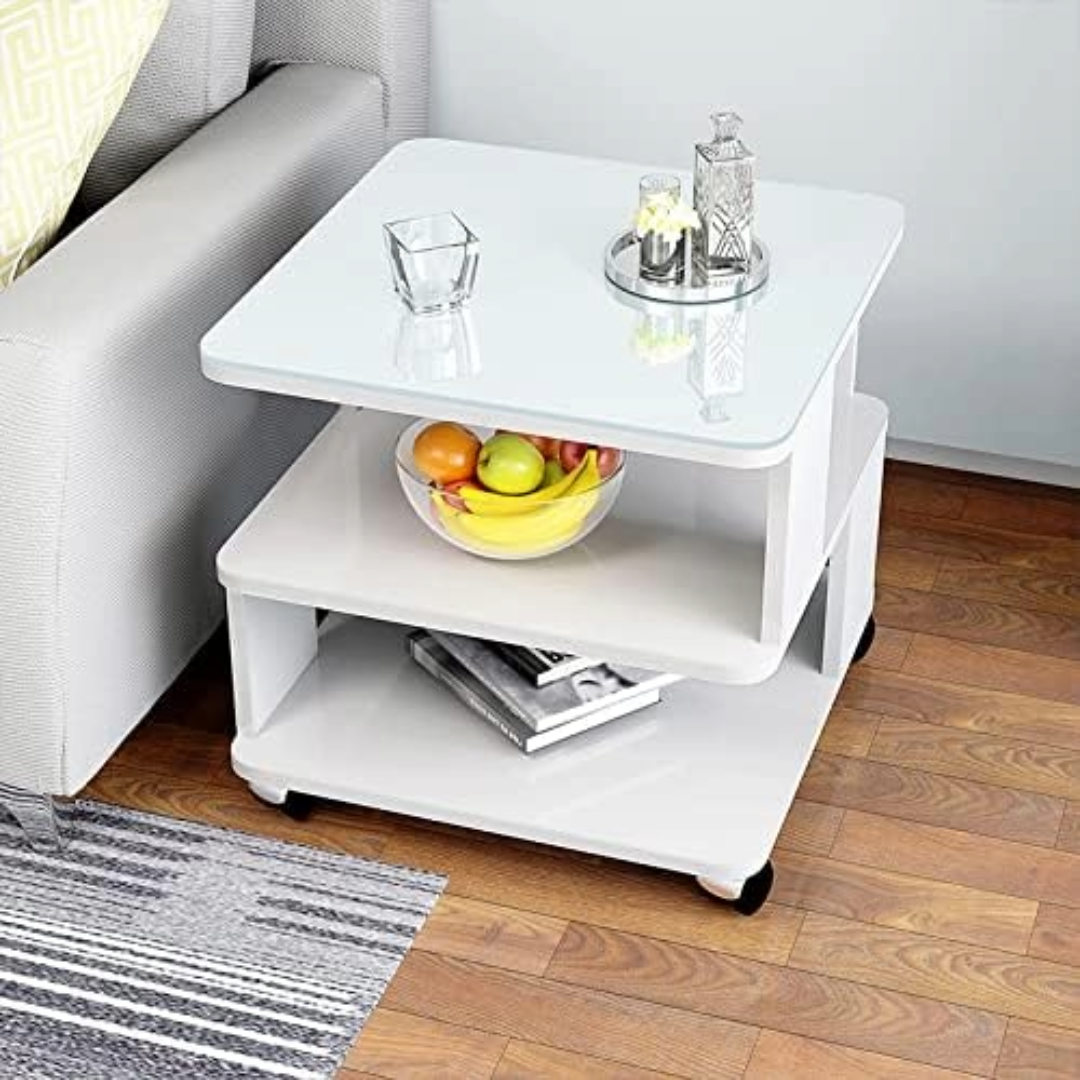 Coffee Table Side Table with Wheels and Glass Top
