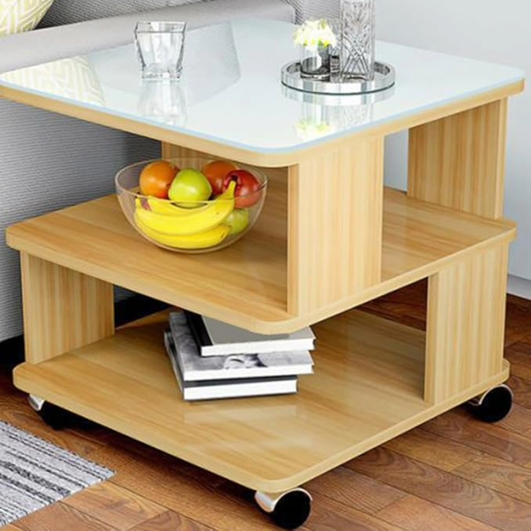 Coffee Table Side Table with Wheels and Glass Top