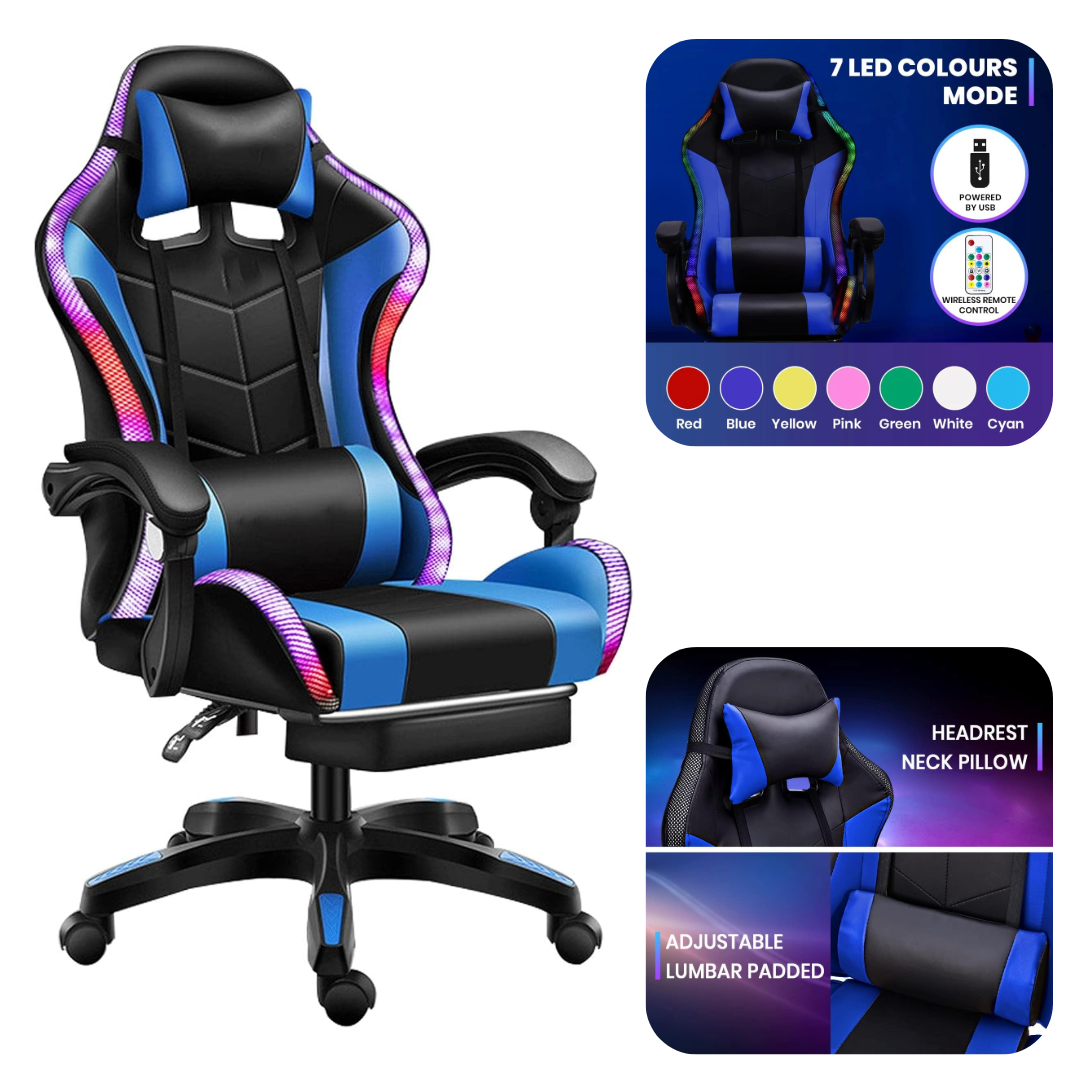 Gaming Chair with Bluetooth Speaker and RGB Light (Blue and Black)