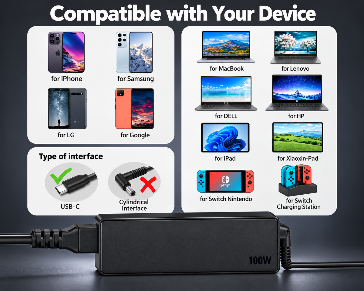 100W Lenovo HP Laptop Replacement Charger USB C - Fast USB C 100W Lenovo Laptop Charger