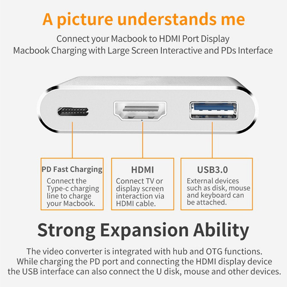 Type C To USB 3.0 HDMI Female 4K Hub Adapter (Gold)