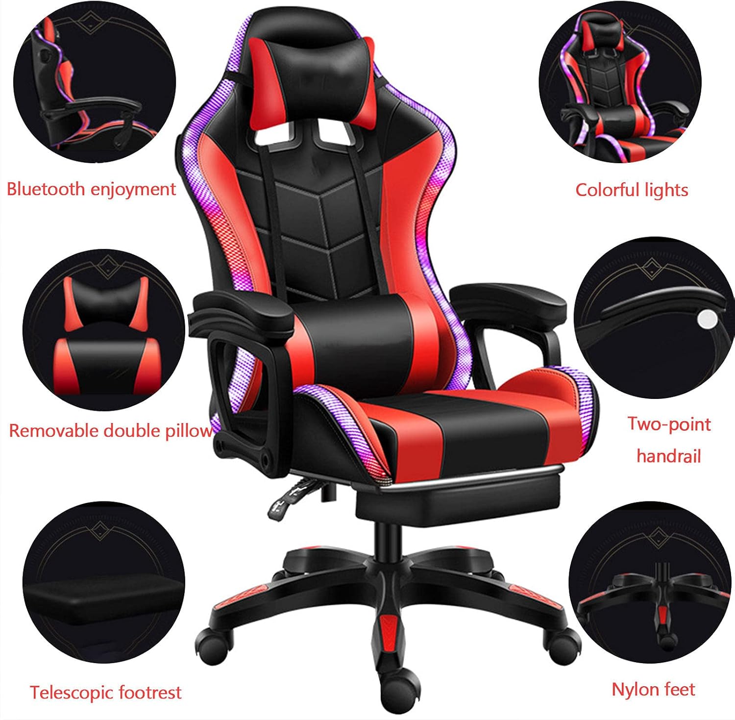 Gaming Chair with Bluetooth Speaker and RGB Light (Red and Black)