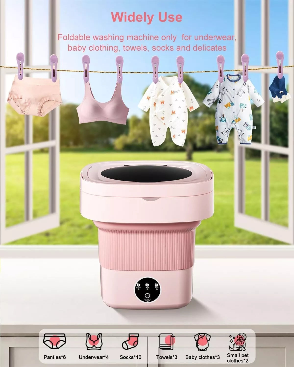 8L Foldable Washing Machine Mini Underwear Laundry Machine (Pink)
