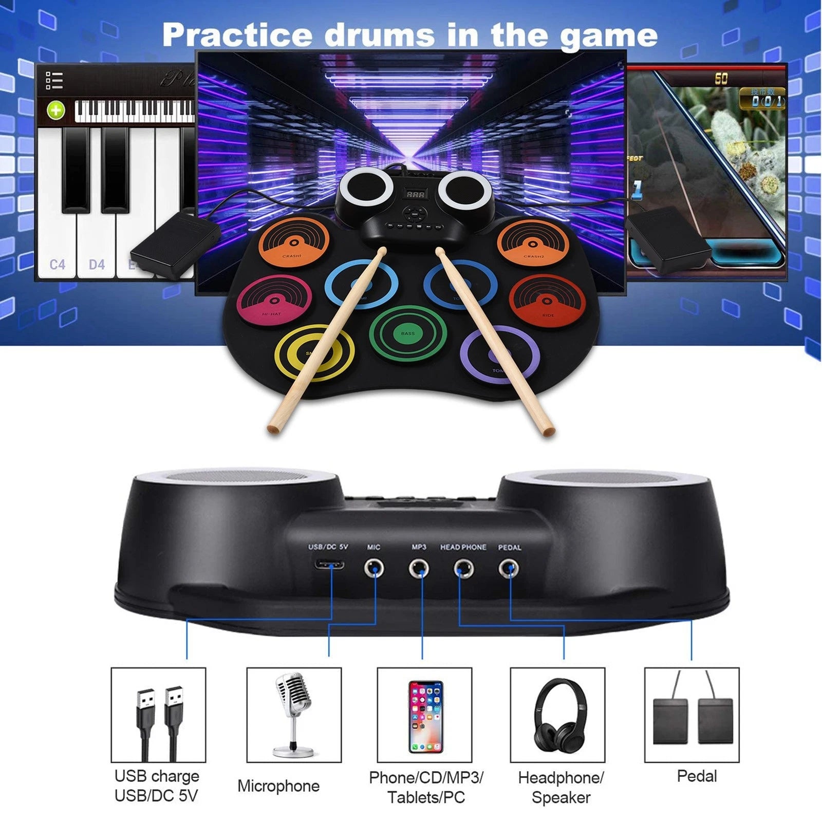 Electric Drum Set 9 Pads Built-in Speaker LED Lights