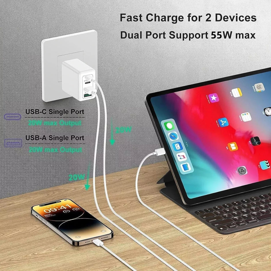 55W DUAL USB C PD Fast Charging Wall USB C Charger Power Adapter Type C