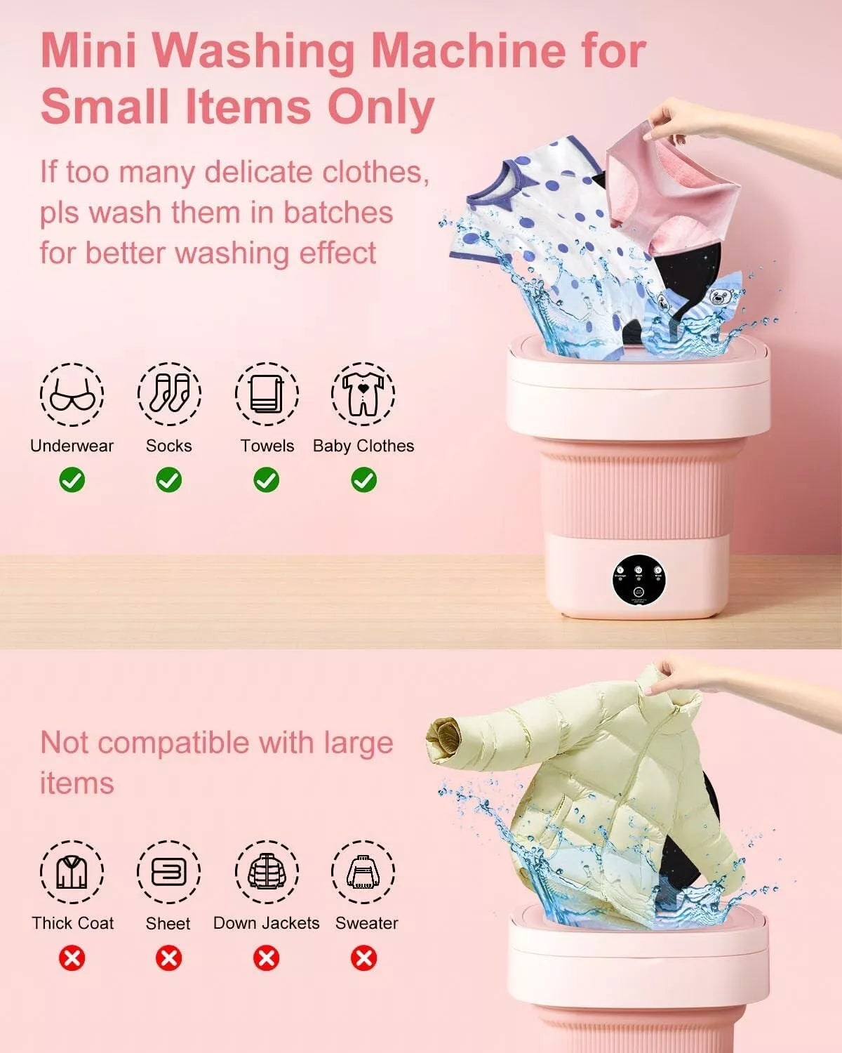8L Foldable Washing Machine Mini Underwear Laundry Machine (Pink)