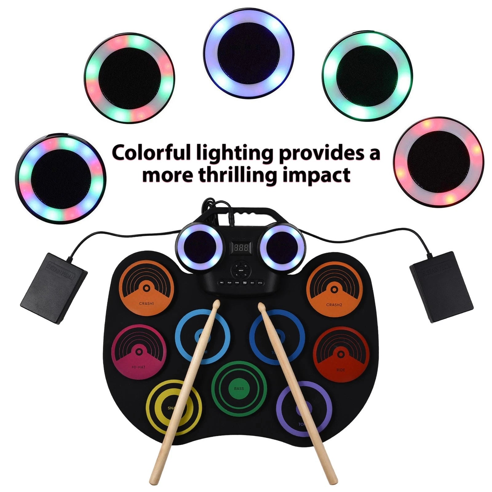Electric Drum Set 9 Pads Built-in Speaker LED Lights
