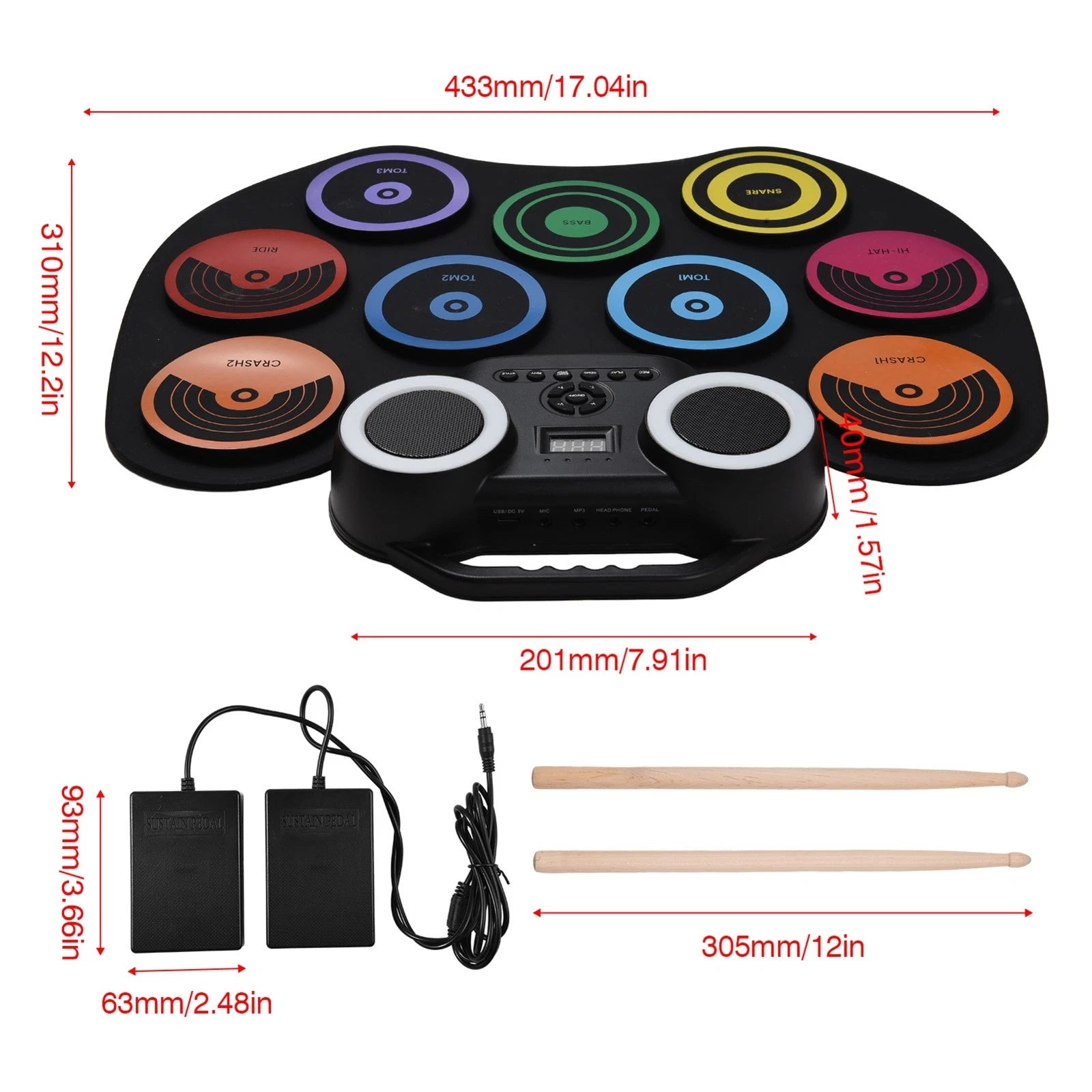 Electric Drum Set 9 Pads Built-in Speaker LED Lights