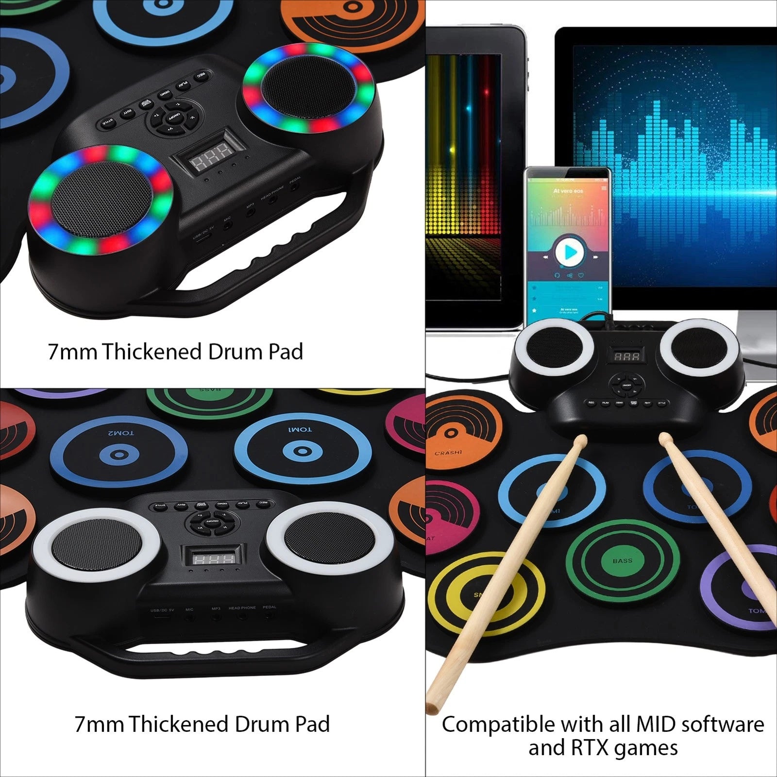 Electric Drum Set 9 Pads Built-in Speaker LED Lights