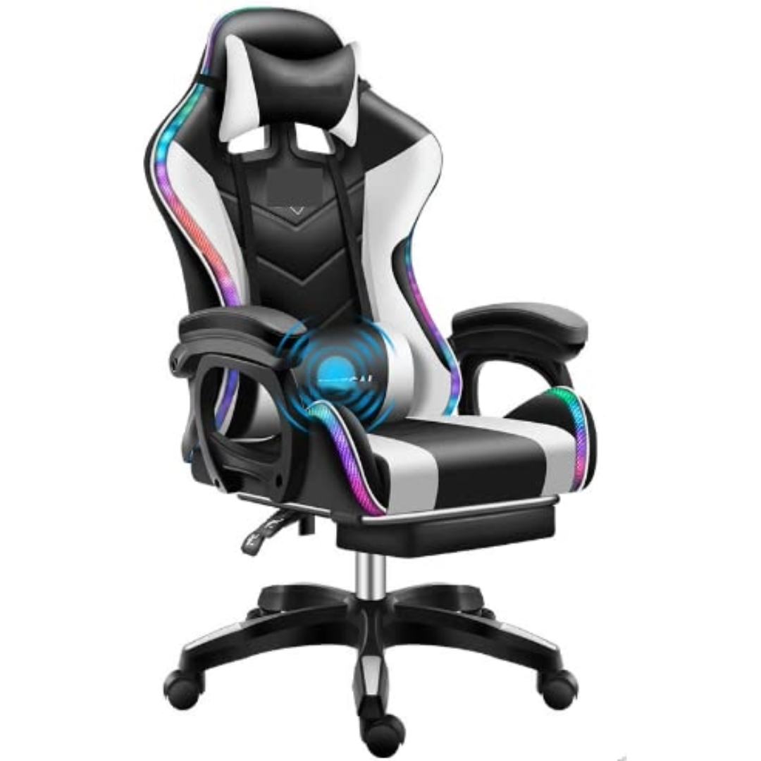 Gaming Chair with Bluetooth Speaker and RGB Light (White and Black)