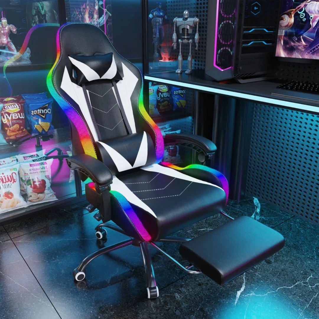 Gaming Chair with Bluetooth Speaker and RGB Light (White and Black)