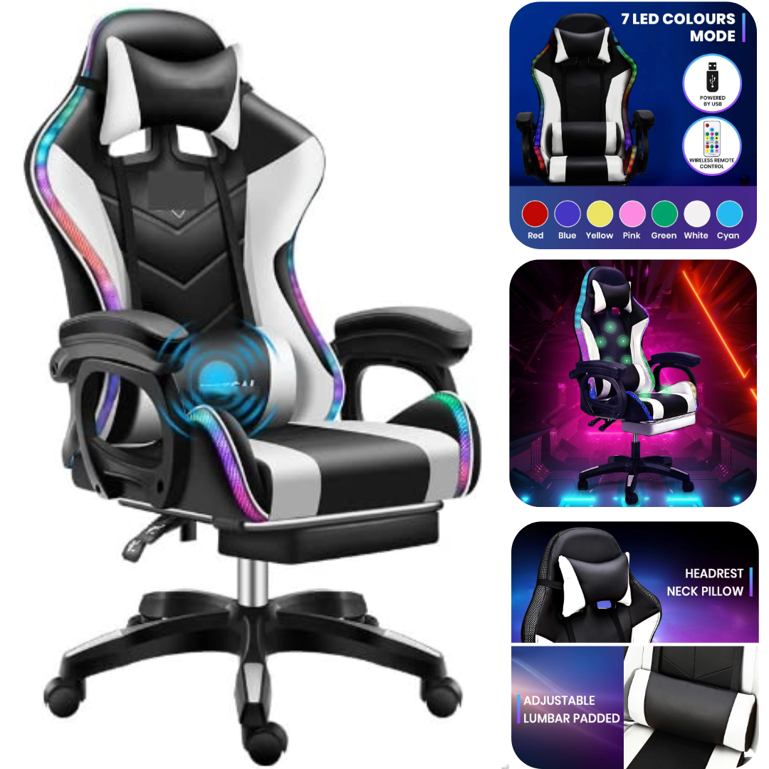 Gaming Chair with Bluetooth Speaker and RGB Light (White and Black)